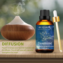Amber glass bottle with BURIBURI Jasmine Essential Oil label