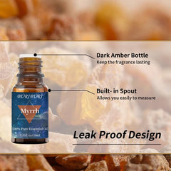 Close-up of Myrrh oil in amber 10ml bottle