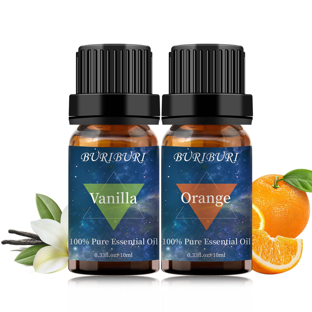 BURIBURI Vanilla and Orange essential oils 10ml bottles in amber glass (2-pack)