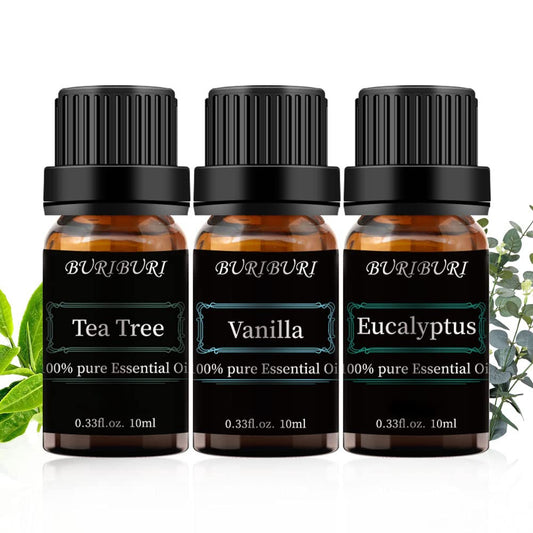 BURIBURI 3-piece essential oil set packaging and bottles
