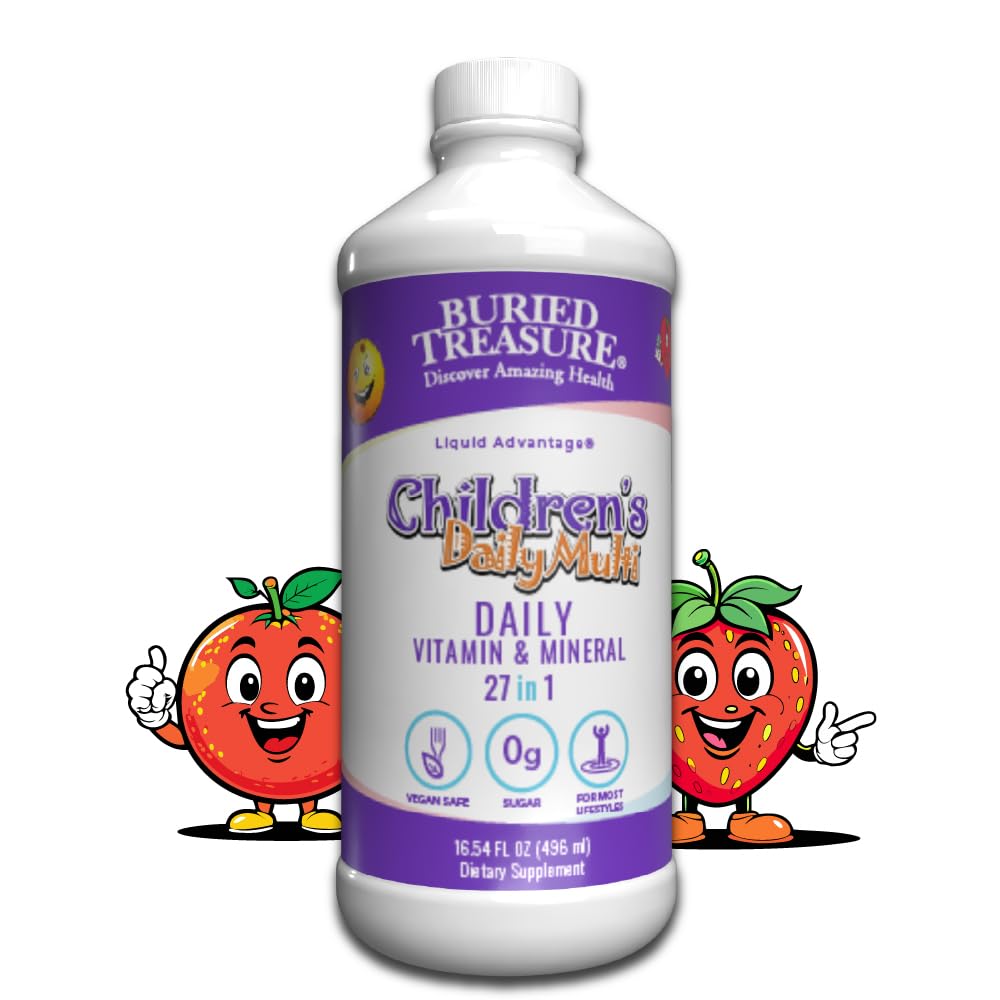 Buried Treasure Kids Liquid Multivitamin bottle with orange mango flavor
