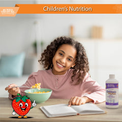 Orange mango flavored kids multivitamin bottle with measuring cup