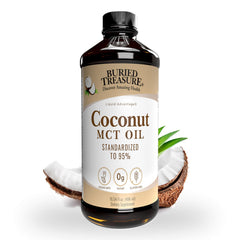 Front view of Buried Treasure MCT Coconut Oil bottle, 16.54 fl oz