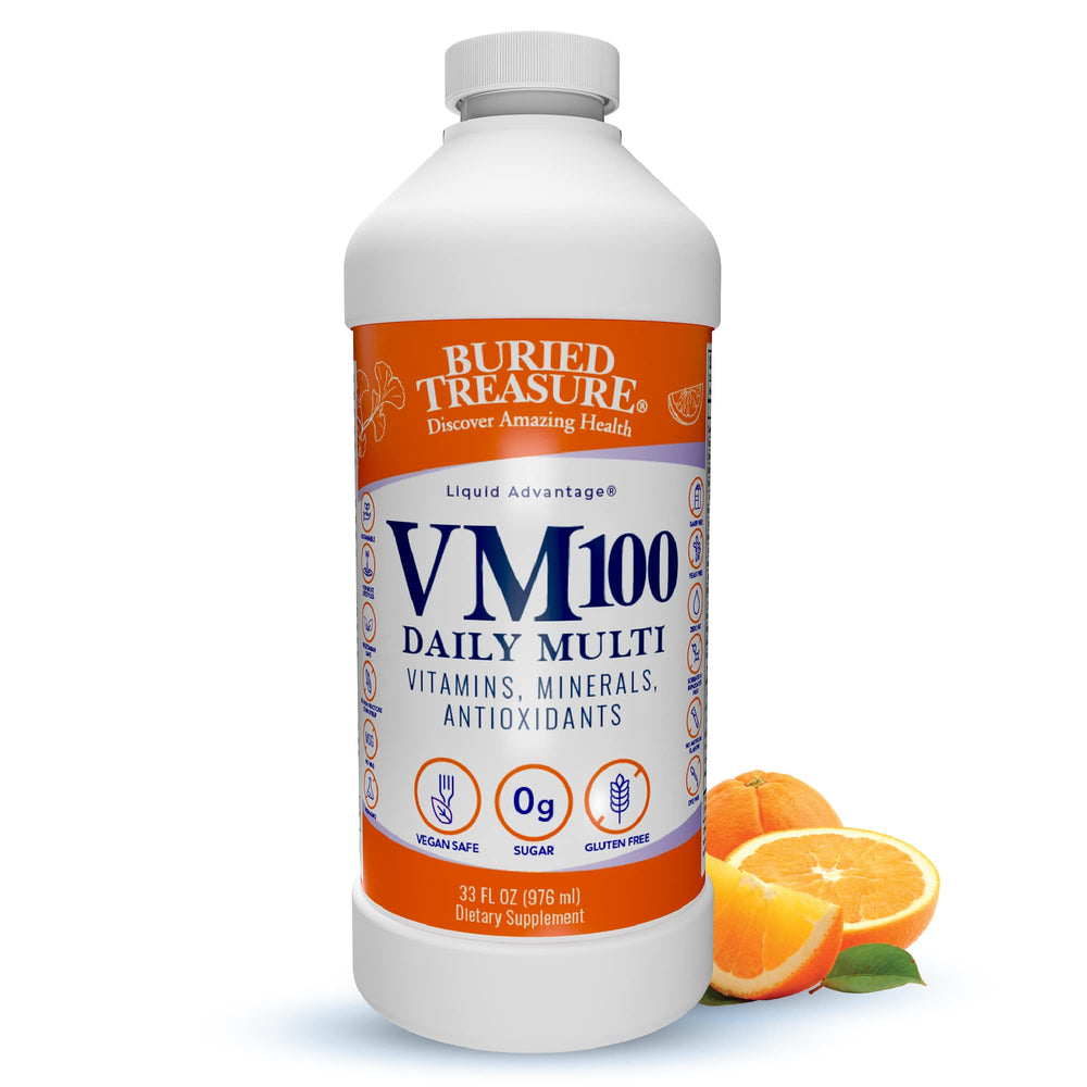Buried Treasure VM100 orange zest liquid vitamins bottle – front view