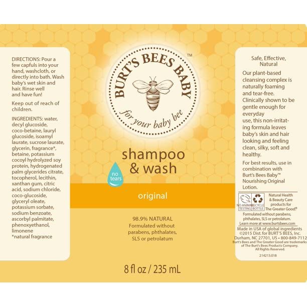 Packaging for Burt's Bees Baby Bee Original Shampoo & Wash 8 oz