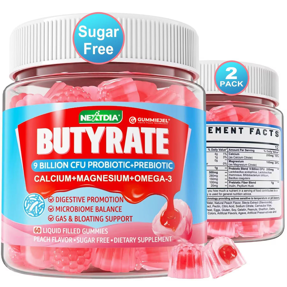 Butyrate gummies with probiotic, prebiotic, postbiotic and peach flavor