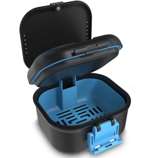 BVN leakproof denture cup in black and blue with magnetic organizer