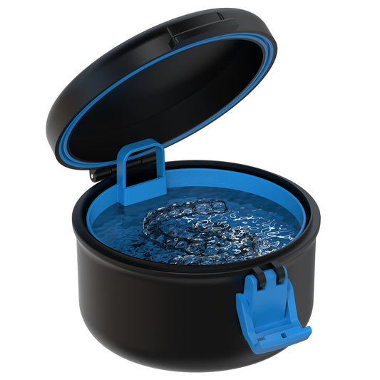 BVN leak-proof denture bath cup black and blue - front view
