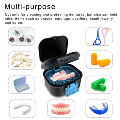 Open denture cup interior with soaking area and drain basket