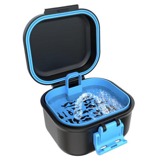 BVN leak-proof denture case in black and blue with lid open