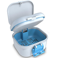 BVN leakproof denture cup white and blue with magnetic organizer (front view)