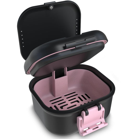 BVN leakproof denture cup front view in black and pink