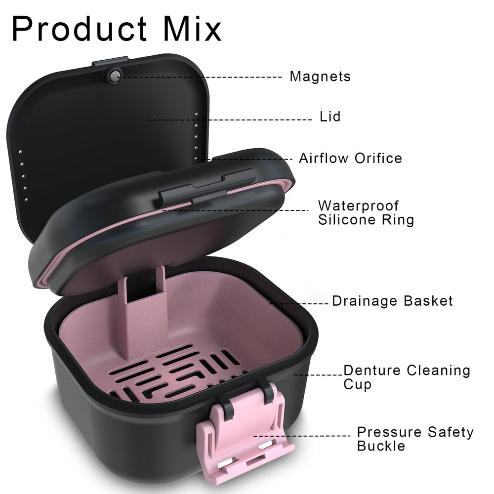 Travel-friendly BVN denture case in black and pink