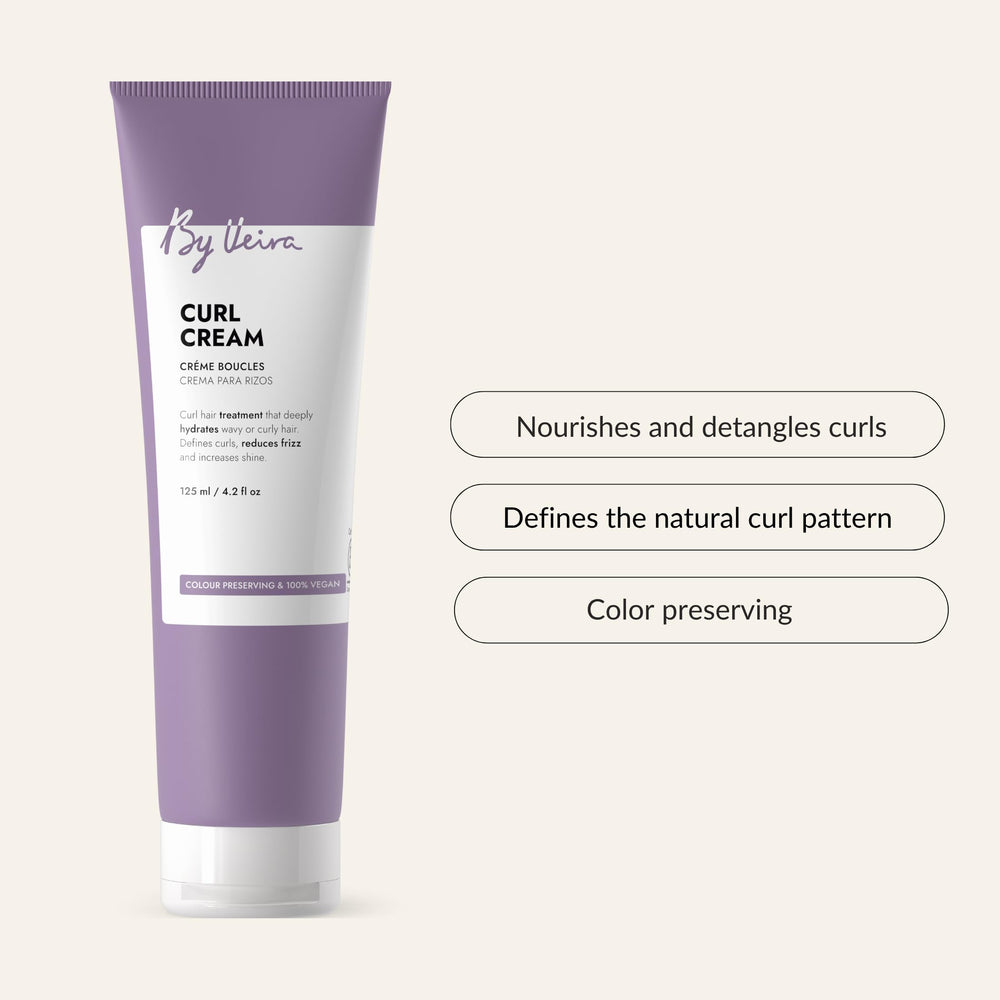 Close-up of By Veira Curl Cream texture shows lightweight moisture for frizz-free waves.