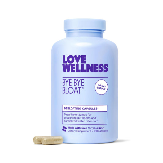 Love Wellness Bye Bye Bloat bottle on display
