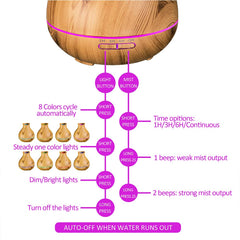 Aromatherapy diffuser showing dual mist modes and timer display