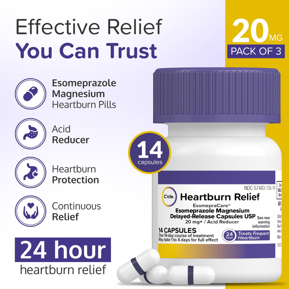 C'rcle Esomeprazole packaging box showing a 14-day course for ongoing protection.