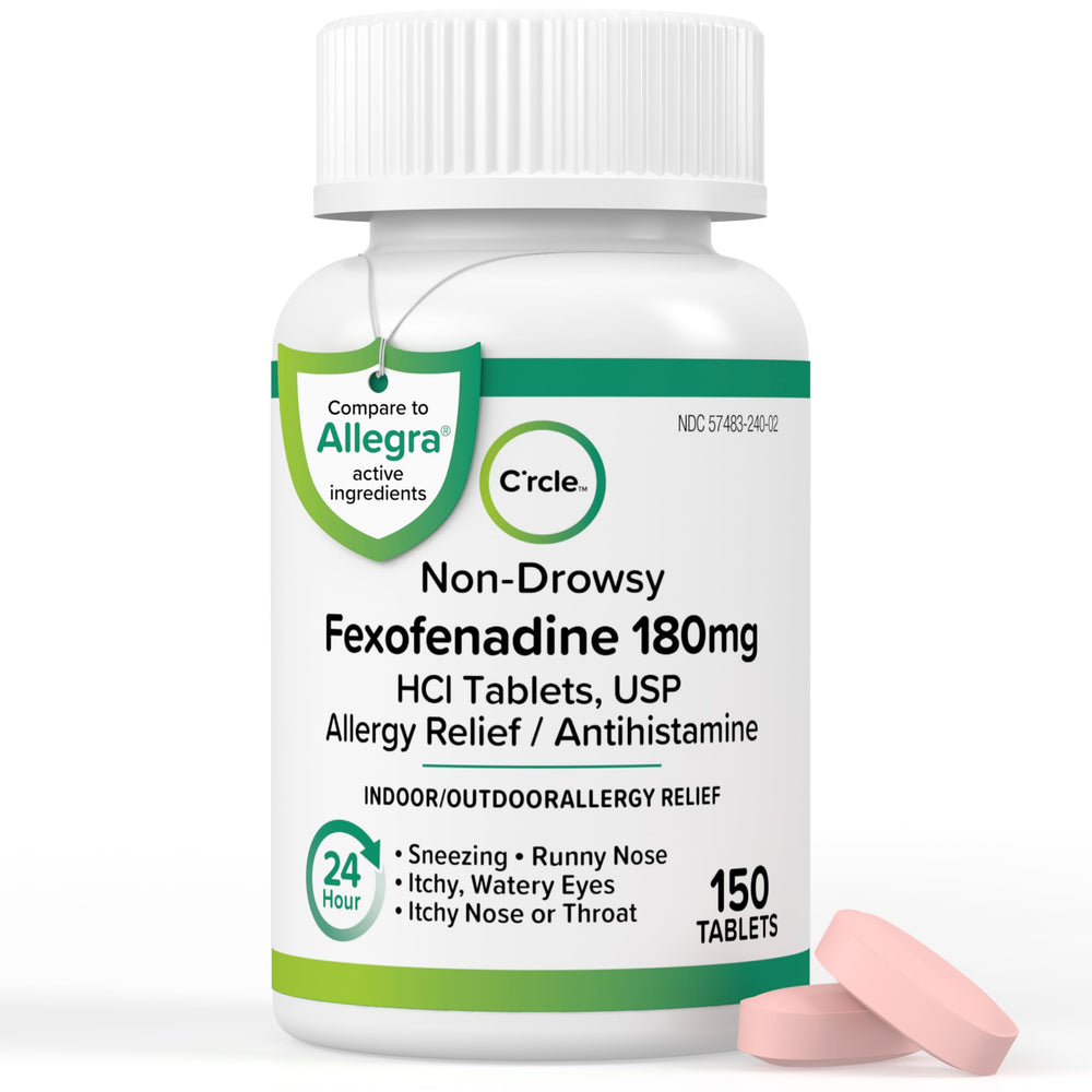 C'rcle Fexofenadine 180mg bottle front offers all-day non-drowsy allergy relief.