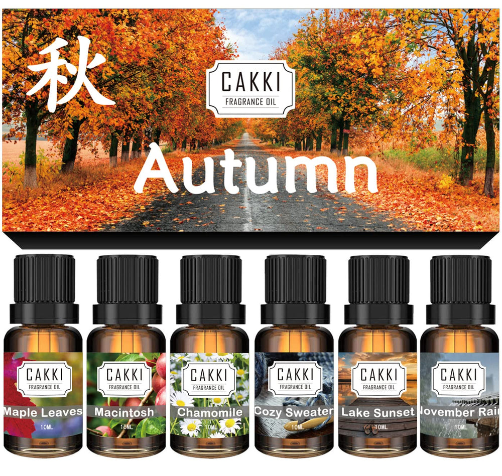 CAKKI Autumn fragrance oils set in amber bottles with droppers