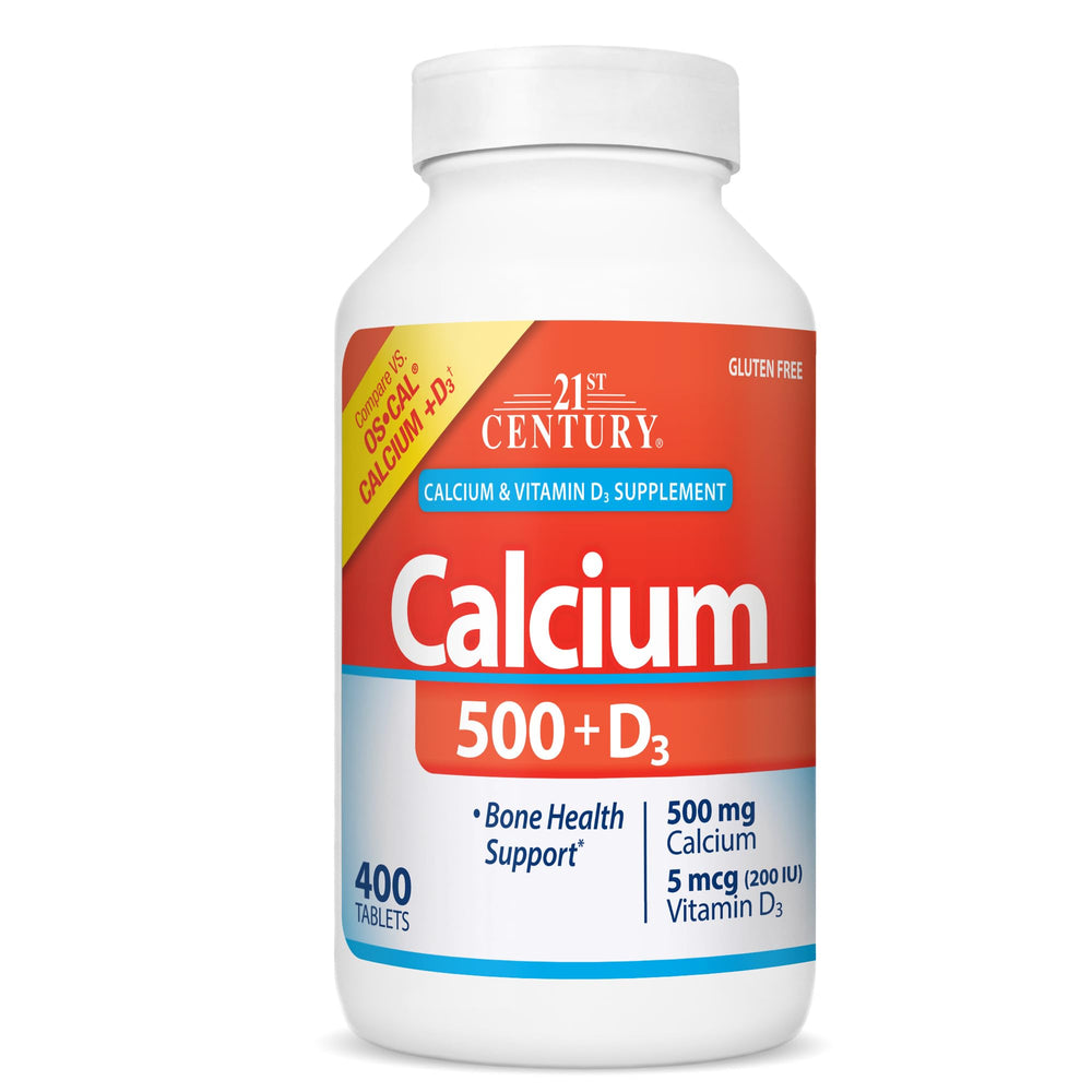 Bottle of 21st Century Calcium 500 mg + D3 tablets with oyster shell calcium for bone health