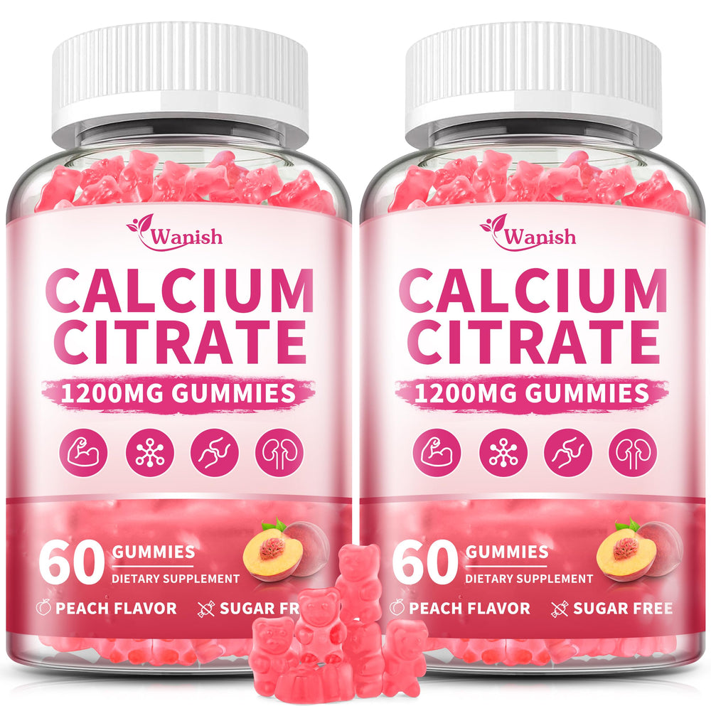 Calcium Citrate Gummies bottle showing peach flavor, 2-pack