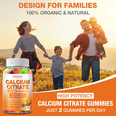 Calcium gummies packaging indicating non-GMO, gluten-free, vegan