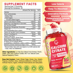Supplement facts showing 1200 mg calcium per serving with D3, K2, Mg and Zn