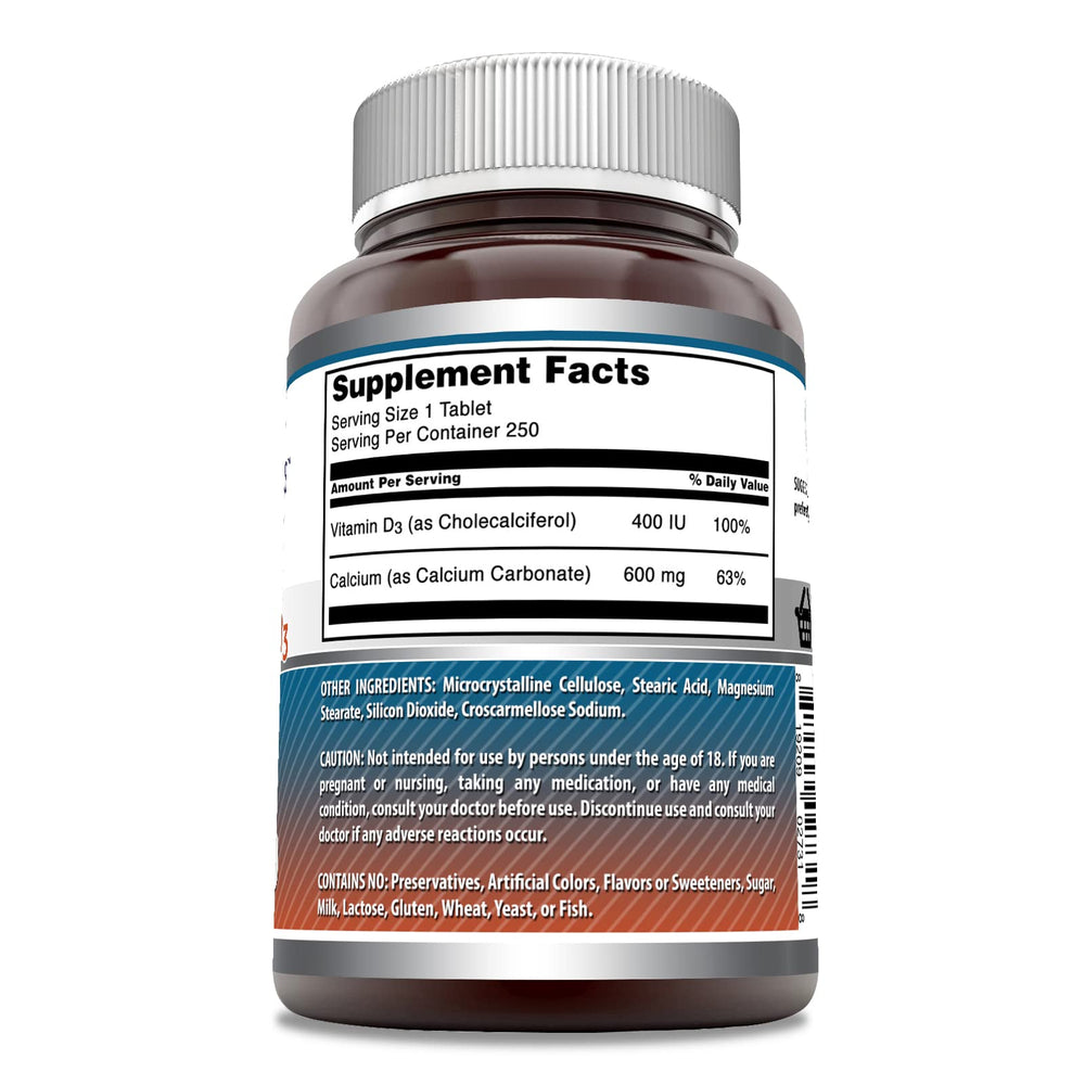 Close-up of serving showing 600 mg calcium and 400 IU vitamin D3 per tablet
