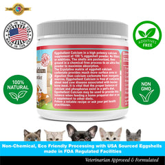 Scoop measuring 1 teaspoon of eggshell calcium into pet food