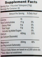 Nutrition facts label showing 400 mg Calcium and 200 mg Magnesium per serving