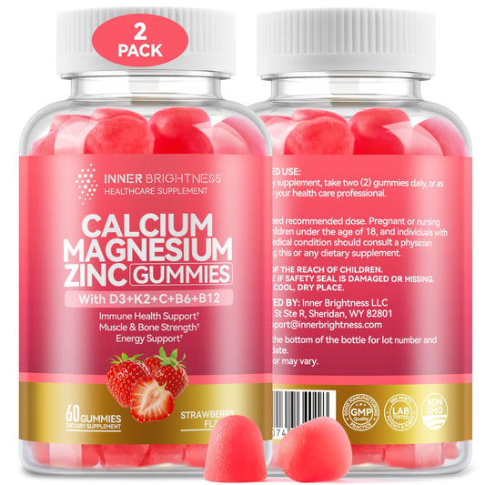 Front view of 2-pack Calcium Magnesium Zinc Gummies bottles