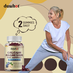 Lifestyle image of a woman taking a blueberry-flavored gummy