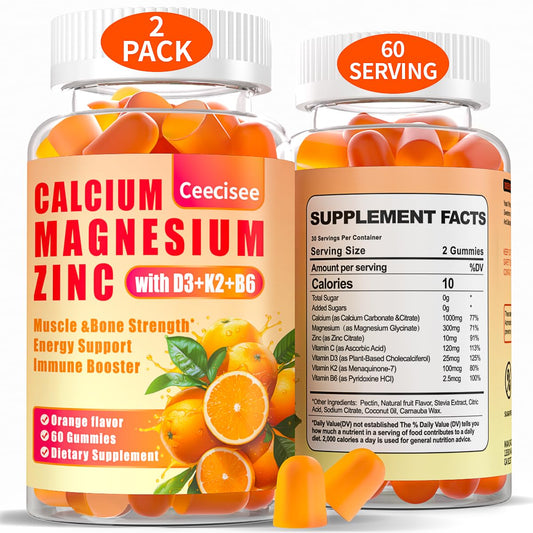 Bottle of Ceecisee Calcium Magnesium Zinc Gummies with D3 B6 K2 120 count front view