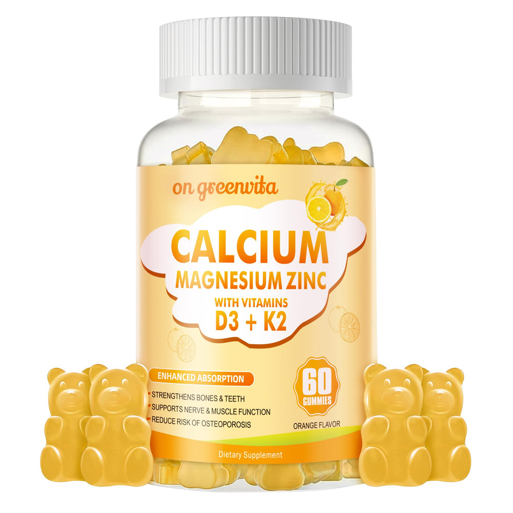Bottle of calcium magnesium zinc gummies with Vitamin D3 and K2, orange flavor
