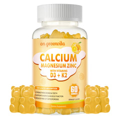 Bottle of calcium magnesium zinc gummies with Vitamin D3 and K2, orange flavor