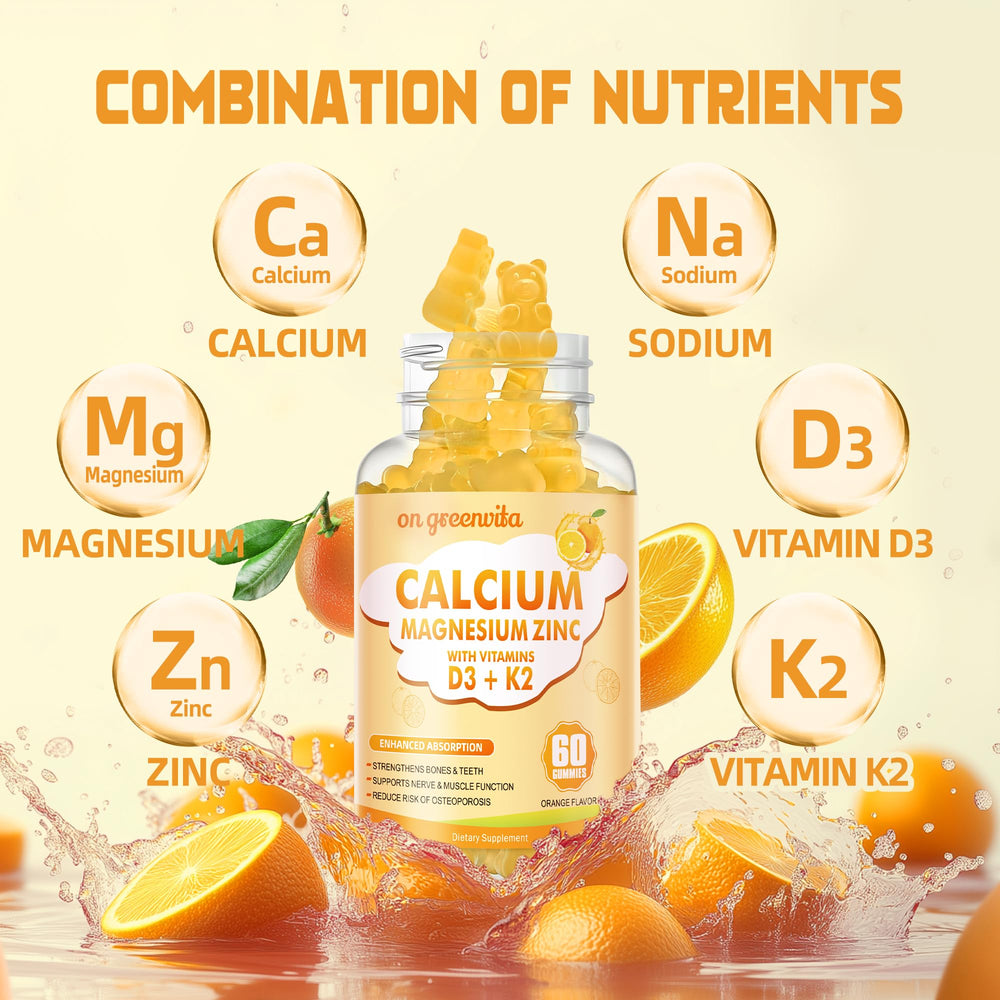 Close-up of orange gummy showing calcium magnesium zinc content