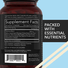 Ingredients image showing psyllium husk, chia seed, and flaxseed