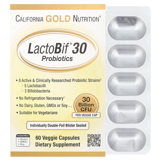 Bottle of California Gold Nutrition LactoBif 30 Probiotics 60 Veggie Capsules