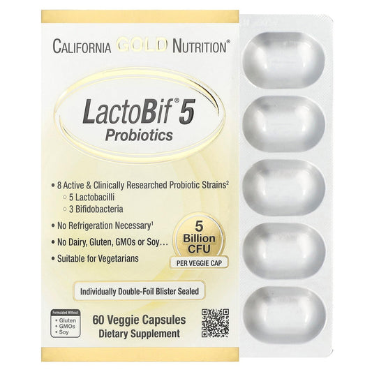 Bottle of California Gold Nutrition LactoBif 5 Probiotics with 60 veggie capsules