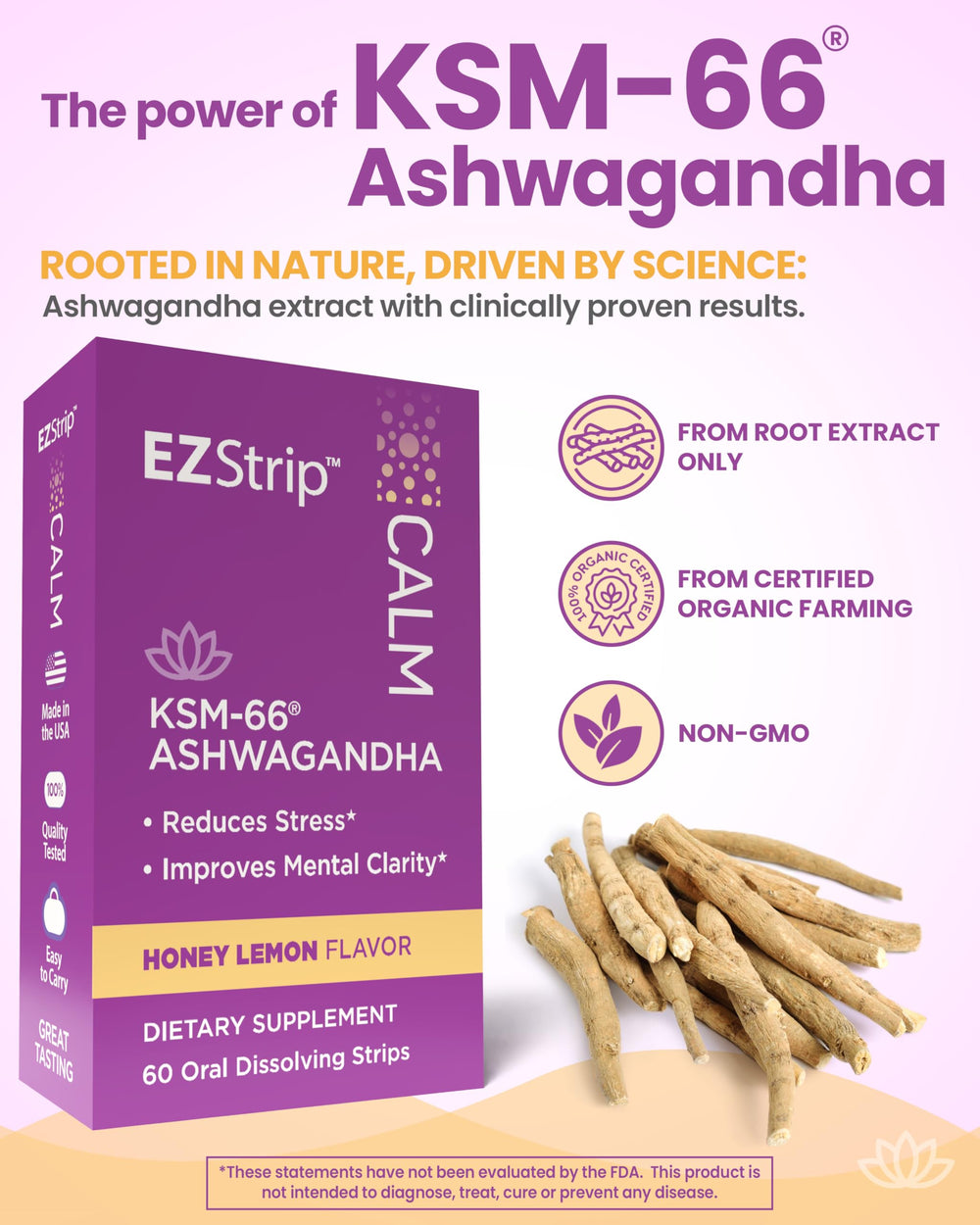 Close-up label of Calm KSM-66 Ashwagandha strips packaging