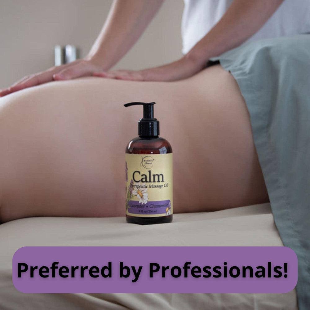 Calm Massage Oil bottle label highlighting nut-free formula