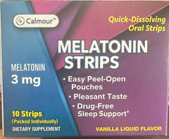 Close-up of CALMOUR 10 quick-dissolving melatonin strip