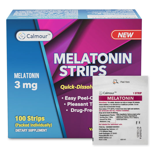 CALMOUR 100 Melatonin Sleep Strips box showing 3mg per strip