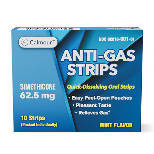 CALMOUR anti gas relief strip mint pack shows portable, minty relief in a compact pack