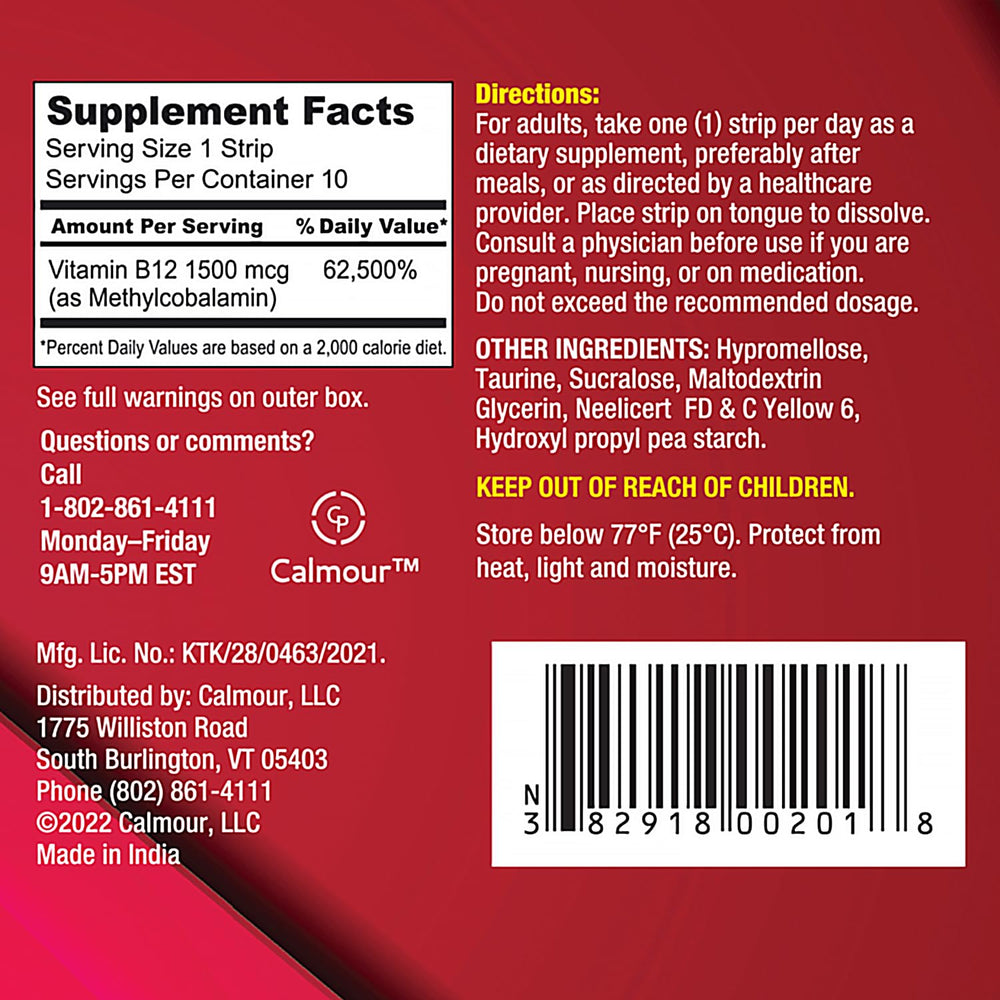 Calmour brand B12 strips product packaging and branding
