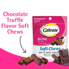 Back of Caltrate 600+D3 Soft Chews Chocolate Truffle 60-count package