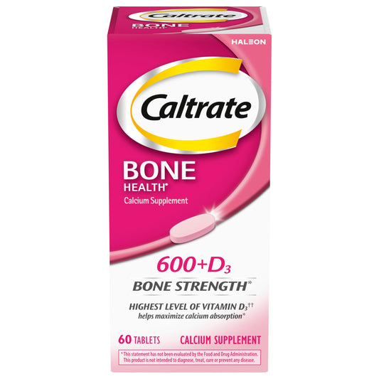 Caltrate 600 Plus D3 bottle containing 60 calcium tablets