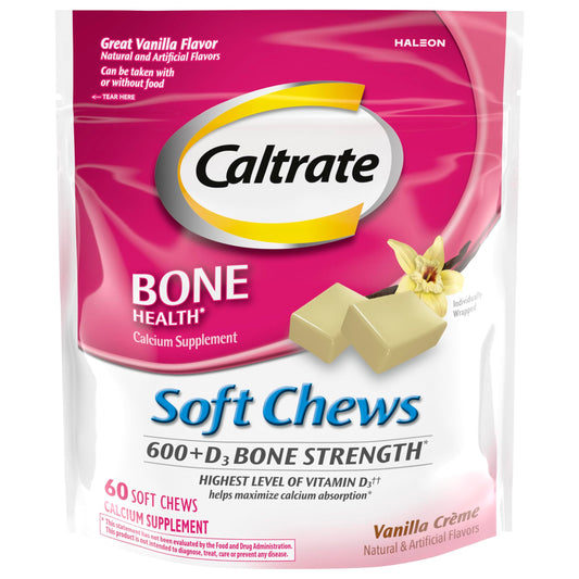 Front view of Caltrate 600 Plus D3 Soft Chews Vanilla Creme 60-count box