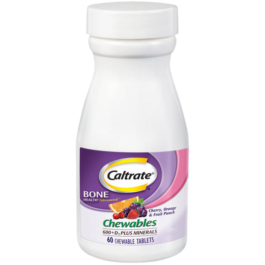 Caltrate Chewables 600 Plus D3 Plus Minerals bottle with Cherry, Orange and Fruit Punch flavors