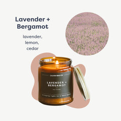 Close-up of Lavender & Bergamot scented candle label on amber jar